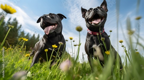 AI generated illustration of Two black dogs, with open mouths