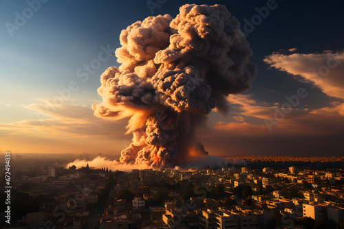 A City scene of smoke and destruction after an airstrike, red smoke, fire, ruined buildings, smoke cloud, destruction, war scene, ruined city and buildings, war image generative ai