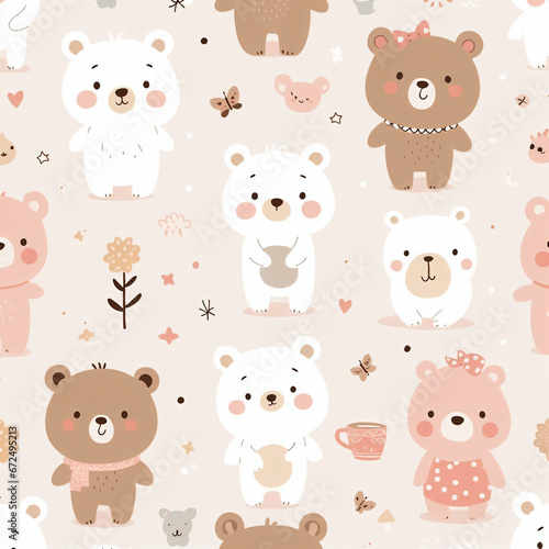 Wallpaper Mural seamless pattern with teddy bears and flowers - Generative AI Torontodigital.ca