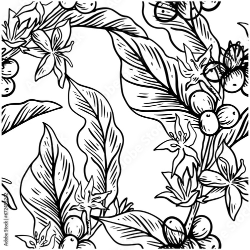 Pattern seamless of coffee tree ink drawing sketch for poster, fabric, cover, label packaging, name card, post card, brochure. Coffee pattern