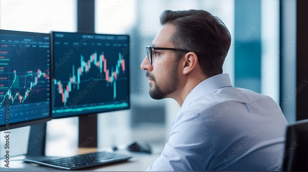 Fototapeta premium Finance trade manager analyzing stock market indicators for best investment strategy, financial data and charts