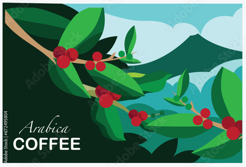 coffee tree of ink drawing sketch for poster, fabric, cover, label packaging, name card, post card, brochure. Coffee pattern