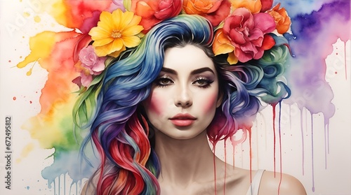 watercolor woman with flowers and rainbow hair