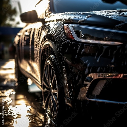 AI generated illustration of a black car covered in water and suds at a wash