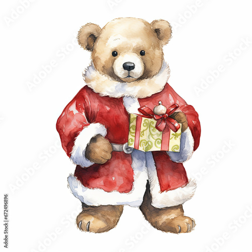 Christmas teddy bear wearing a Santa suit,Watercolor illustration,isolated on white background 
