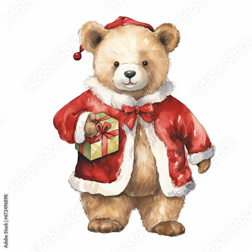 Christmas teddy bear wearing a Santa suit,Watercolor illustration,isolated on white background 