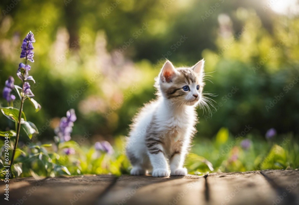 AI generated illustration of a cute and playful gray kitten surrounded by spring flowers AI generated illustration of a cute and playful gray kitten surrounded by spring flowers