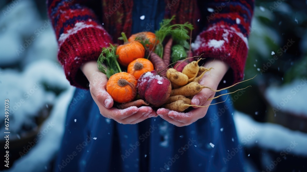 A person holding a bunch of carrots and radishes, vegan January challenge. - obrazy, fototapety, plakaty 