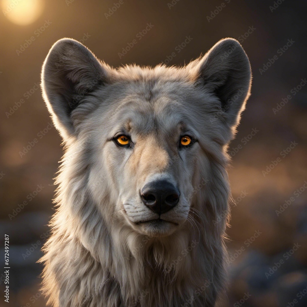 Fototapeta premium a large white wolf with yellow eyes staring at the camera