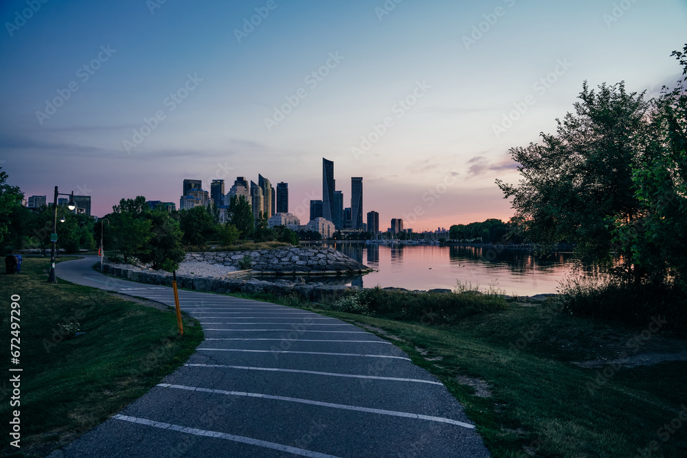 Panoramic view of Toronto skyline at sunrise, Ontario, Canada Panoramic view of Toronto skyline at sunrise, Ontario, Canada