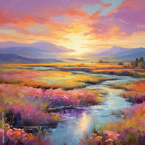 AI generated illustration of a vibrant painting of an orange and pink sunset over a field