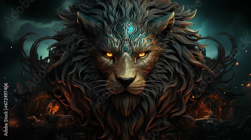 AI generated illustration of a majestic lion with glowing eyes  adorned with gold