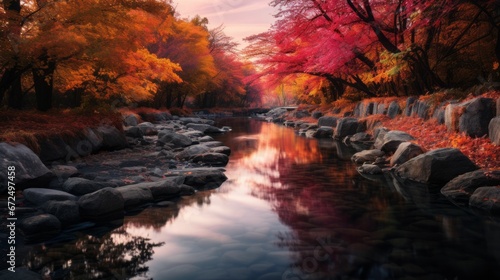 AI generated illustration of a landscape painting of a river surrounded by autumnal foliage © Wirestock
