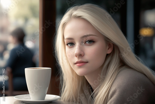 Portrait of a blond young woman drinking coffee in a cafee photo