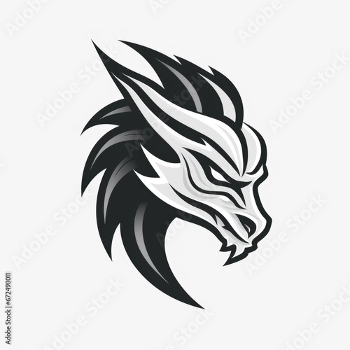 A black and white dragon head on a white background