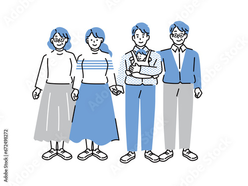家族のイラスト(5人家族、将来、子育て、老後、ローン、積立、マイホーム、3世代、赤ちゃん)