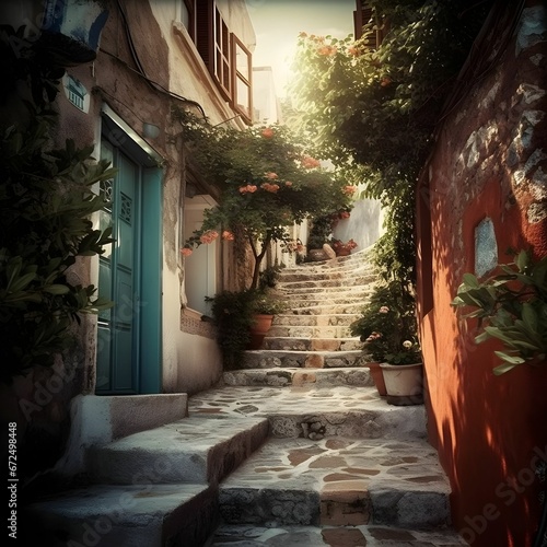 AI generated illustration of an inviting alleyway with steps between rural houses on a Greek Island