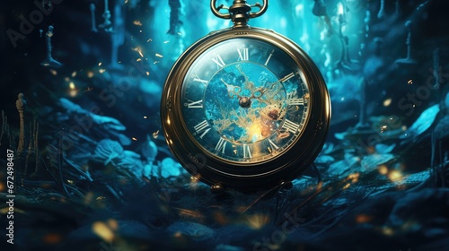 Dystopian clock submerged underwater, scenic scene with an aquatic theme, created with AI
