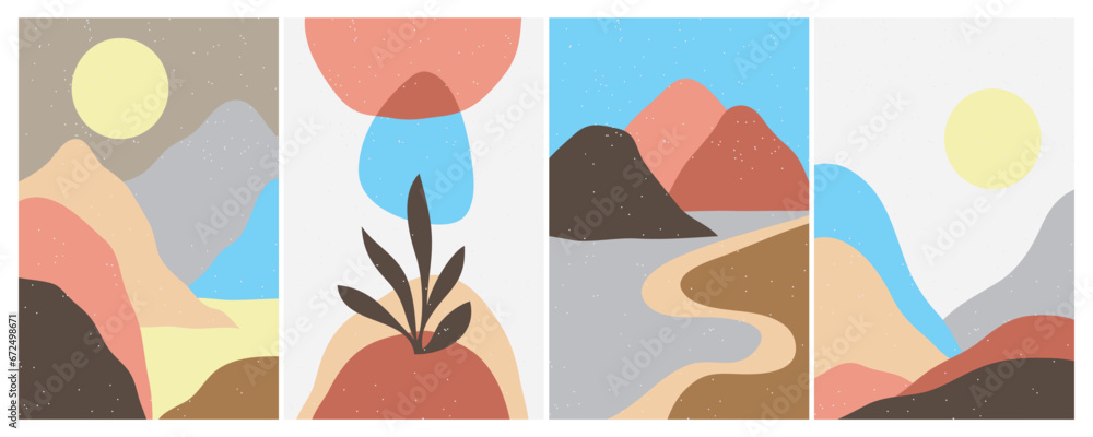 Set of creative abstract mountain landscape and mountain range backgrounds.Mid century modern vector illustrations with hand drawn mountains,sea or lake,sky,sun and moon.Trendy Set of creative abstract mountain landscape and mountain range backgrounds.Mid century modern vector illustrations with hand drawn mountains,sea or lake,sky,sun and moon.Trendy