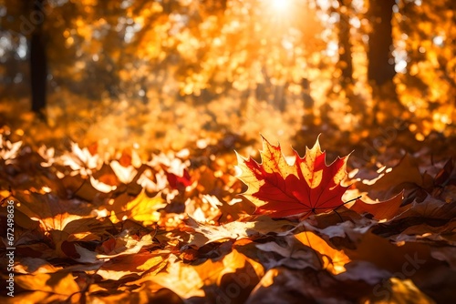 vivacious close-up of falling autumn leaves illuminated by the sun's colorful backlight