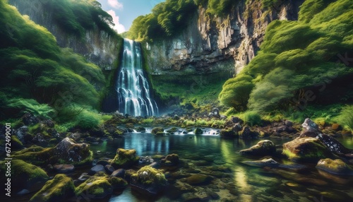 Idyllic cascading waterfall with lush greenery in a tranquil forest setting, perfect for serene background or generated image content.