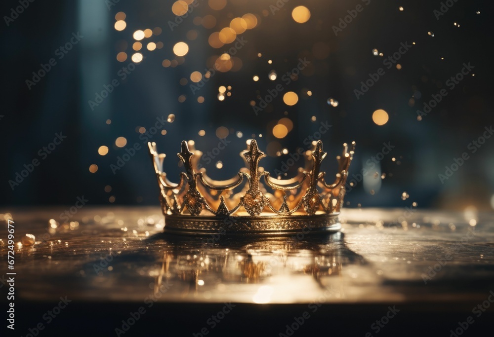 AI generated illustration of a golden crown on a table, illuminated by ...