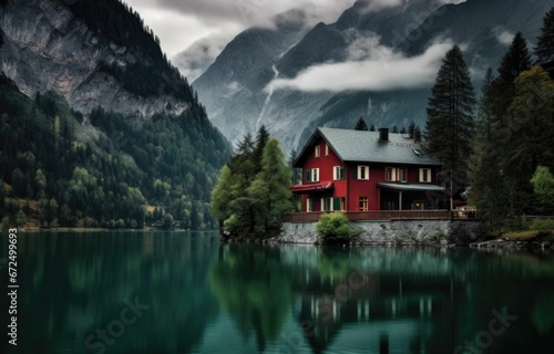 AI generated illustration of an idyllic house situated on the shore of a tranquil lake