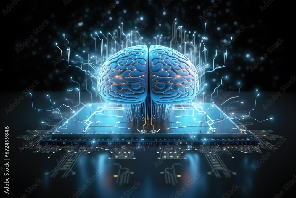 AI generated illustration of a human brain in blue glowing circuits ...