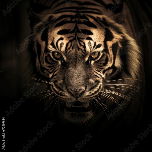 AI generated illustration of a Bengal tiger portrait on a dark background