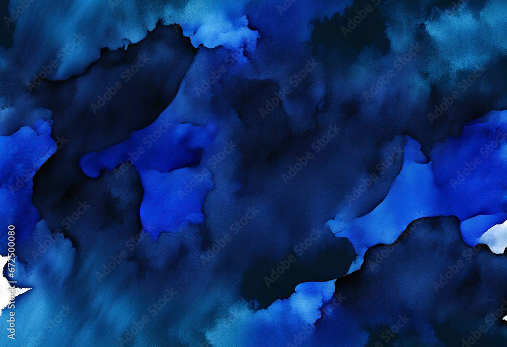 藍色・紺色の抽象的な水彩画。背景素材。染み・グランジ・にじみ。