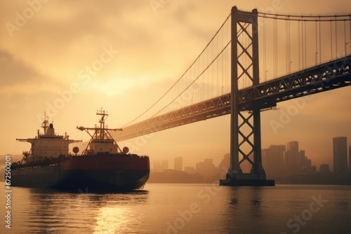 AI generated illustration of a cargo ship sailing along a bridge at sunset