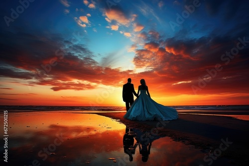 AI generated illustration of a bride and groom in a barren landscape at sunset
