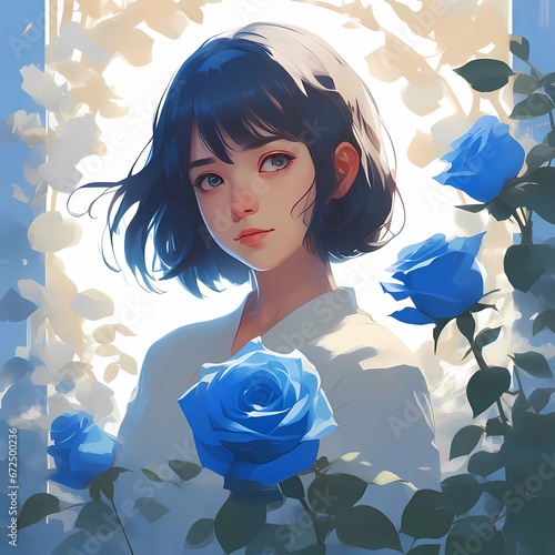 Beautiful blue rose with beautiful girl