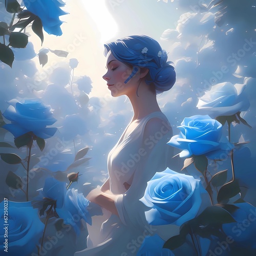 Beautiful blue rose with beautiful girl