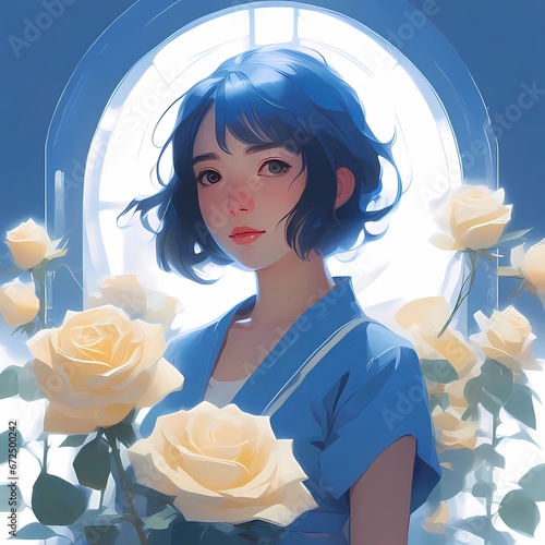 Beautiful blue rose with beautiful girl