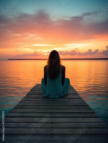 AI generated illustration of A young female sitting on a wooden dock at a sunset near the ocean