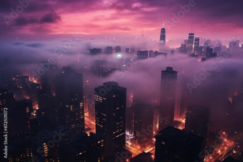 AI generated illustration of a majestic nighttime  urban skyline shrouded in dense fog