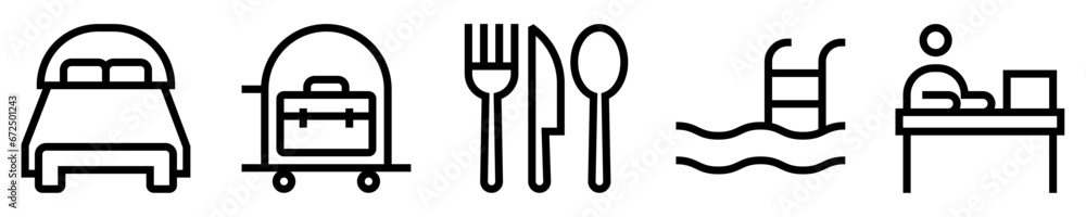 Conjunto de iconos de hotel. Alojamiento. Cama de habitación, maleta, equipaje, restaurante, utensilios, piscina, recepción. Ilustración vectorial Conjunto de iconos de hotel. Alojamiento. Cama de habitación, maleta, equipaje, restaurante, utensilios, piscina, recepción. Ilustración vectorial