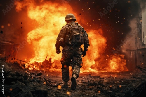 AI generated illustration of a lone military personnel striding through the flames