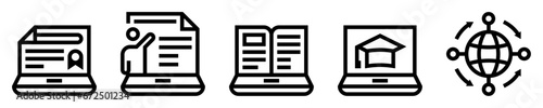 Conjunto de iconos de maestría en línea. Educación. Diploma digital, profesor virtual, libro, gorro de graduación, conexión global. Ilustración vectorial