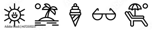 Conjunto de iconos de verano. Sol brillante, playa, palmera, helado, gafas de sol, sombrilla, reposadera. Ilustración vectorial