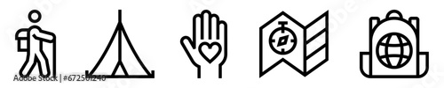 Conjunto de iconos de refugiado. Persona migrante, tienda de campana, ayuda humanitaria, brújula, mapa, mochila. Ilustración vectorial photo