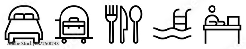 Conjunto de iconos de hotel. Alojamiento. Cama de habitación, maleta, equipaje, restaurante, utensilios, piscina, recepción. Ilustración vectorial