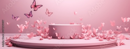 Butterfly podium background pink 3D flower pedestal rose stage cosmetic wedding platform. Background podium gold butterfly arch floral beauty spring presentation shop paper day product mockup showcase