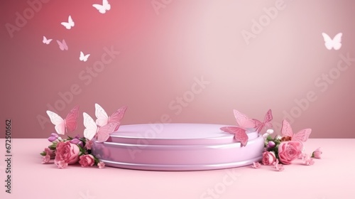 Butterfly podium background pink 3D flower pedestal rose stage cosmetic wedding platform. Background podium gold butterfly arch floral beauty spring presentation shop paper day product mockup showcase #672501662
