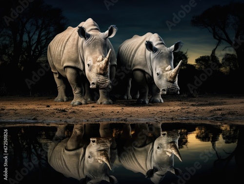 Canvas Print AI generated illustration of a pair of rhinos in a shallow pond surrounded by a