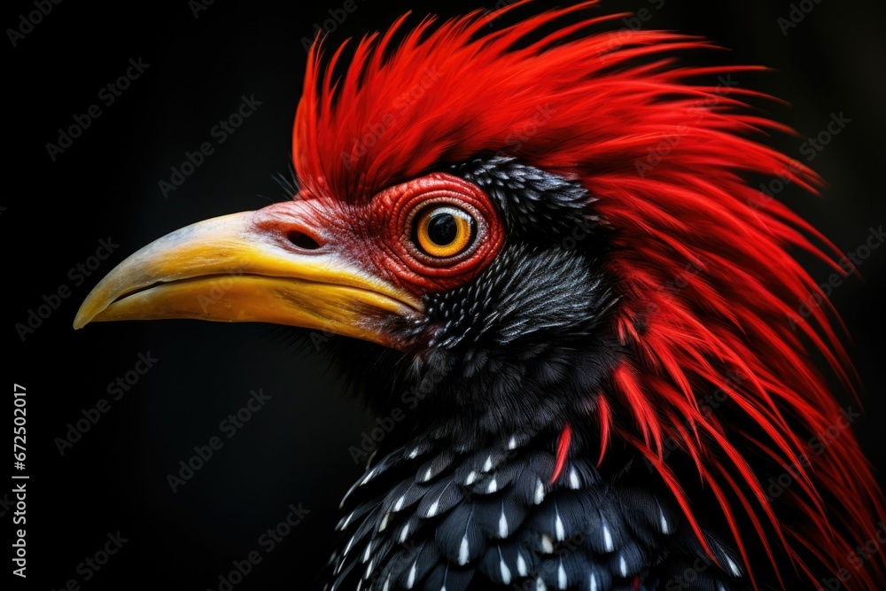 AI generated illustration of a vibrant red and black avian with a long beak and white dots AI generated illustration of a vibrant red and black avian with a long beak and white dots
