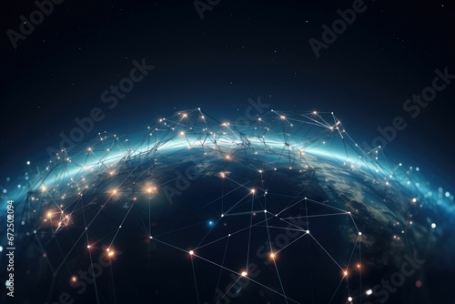 AI generated illustration of the Earth with light trails and connecting lines radiating from it