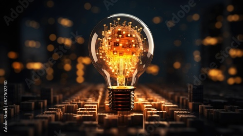 AI generated illustration of an illuminated light bulb with glowing particles on a dark background