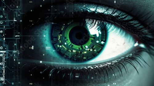 AI generated illustration of a close up of a green human eye with intricate numerical patterns